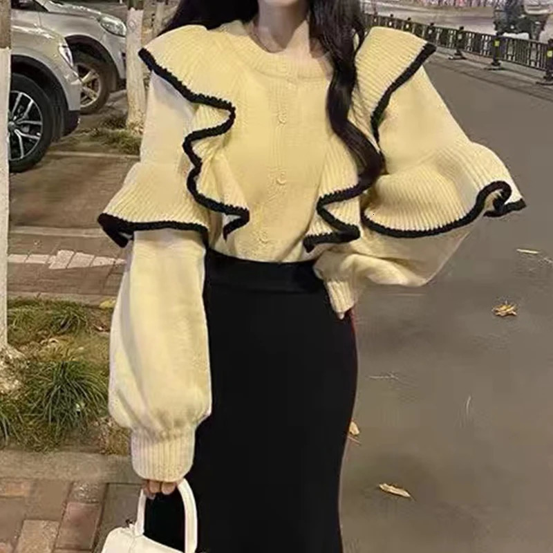 Autumn and Winter Women Ruffled Long Sleeve SingleBreasted Button Knitted Top Casual ONeck Cardigan Sweater 250107Z