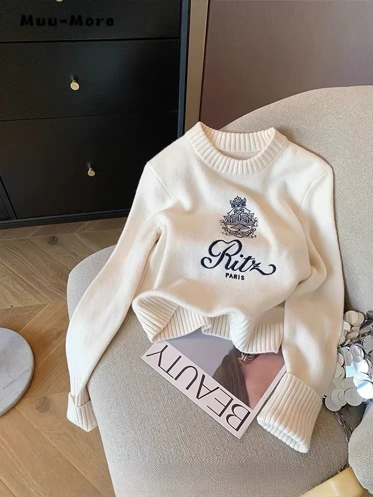 Korean White Knitting Sweater Printing Long Sleeves Vintage Casual Fashion Ladies Dark Blue Tops Womens Old Money Clothing 250120