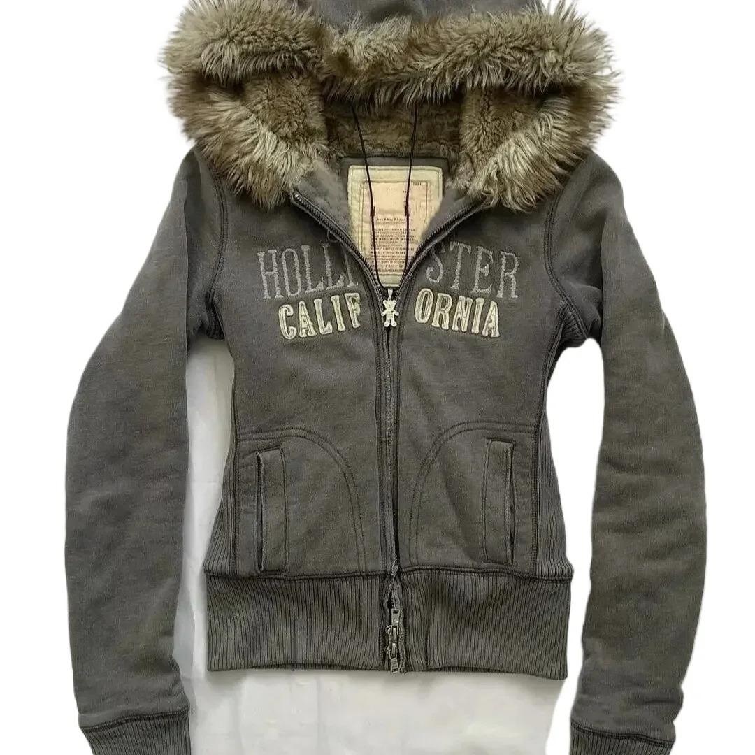 Hollister Jacket Designer Jacket Y2k Jacket American Retro Fur Collar Hooded Sweater Womens Winter Long Street With Velvet Pad Cardigan Casual Jacke