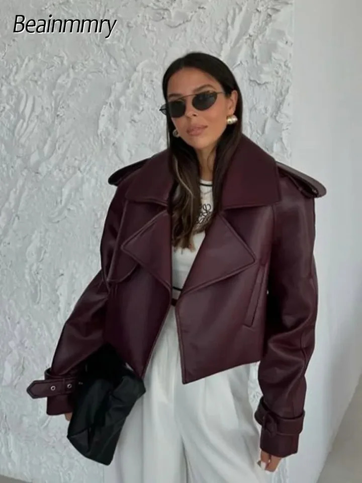 Womens Red Pu Leather Burgundy Solid Lapel Cropped Jacket Female Pockets Long Sleeves Short Coat 2024 Lady Autumn Streetwear 250107Z