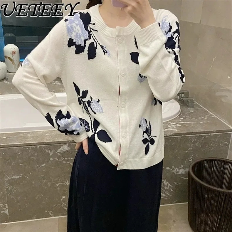 Spring Autumn College Style Young Flower Long Sleeve Knitted Cardigan Contrast Color Embroidered Crew Neck Sweater Jacket 250107Z 4b