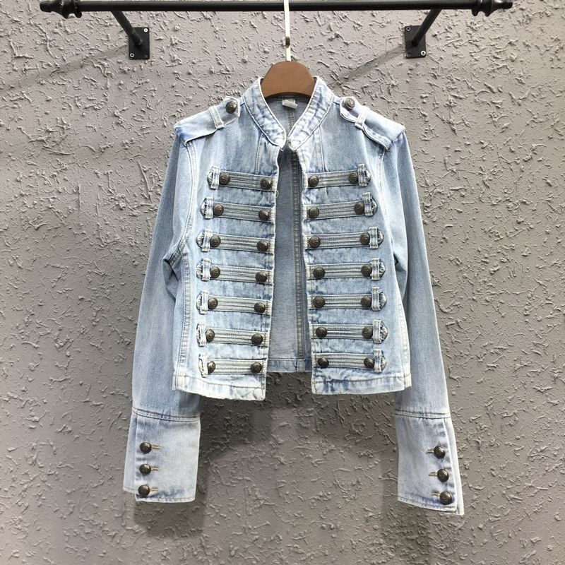 Jacket wowen jackets jeans denim coat New designer women stand collar royal style double breasted fashion spring jackets