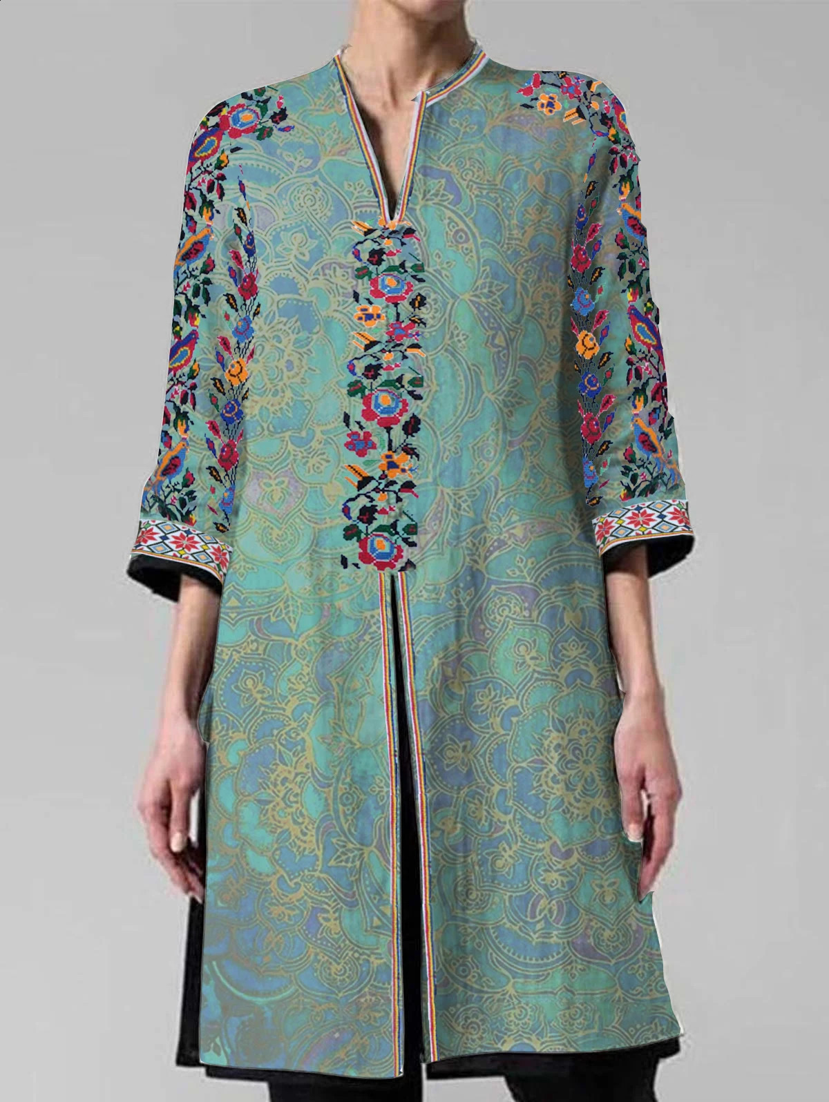 Vintage Mandarin Shirts Three Quarter Floral Print Womens Plus Size Shirt Split Notched Collar Retro Casual Long Blouse 250122Z
