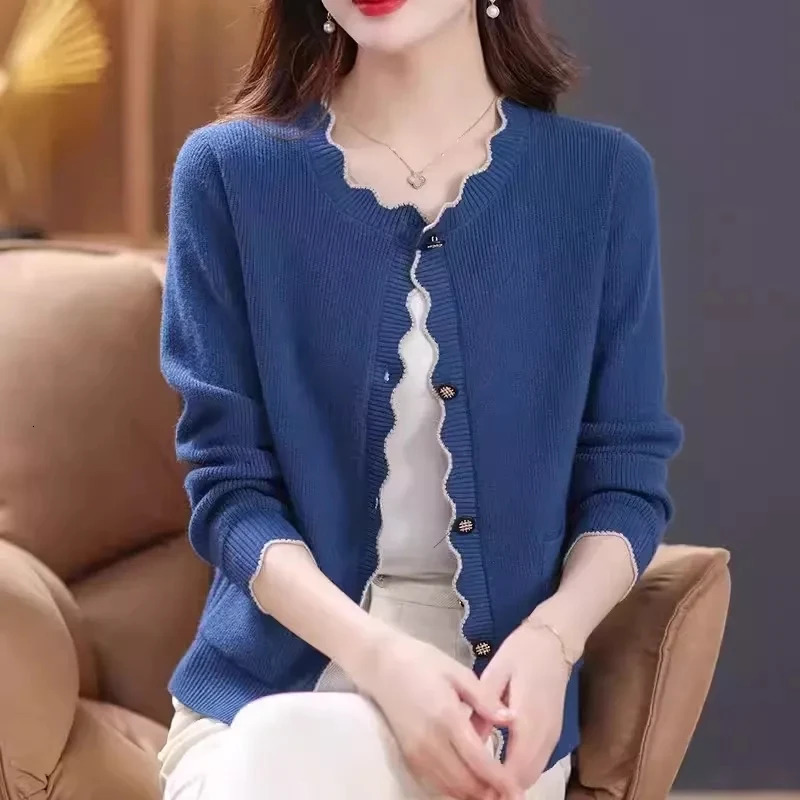 Autumn Winter 2024 Fashion Solid Color Women Knitted Cardigan Sweater Jacket Elegant Versatile Comfortable Ladies Tops 250107Z