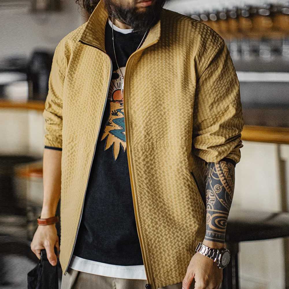 Mens Casual Outdoor Checkered Jacket Mens Spring Summer Breathable Windproof Stand Collar Yellow Zip-Up Versatile Outerwear XJ250801