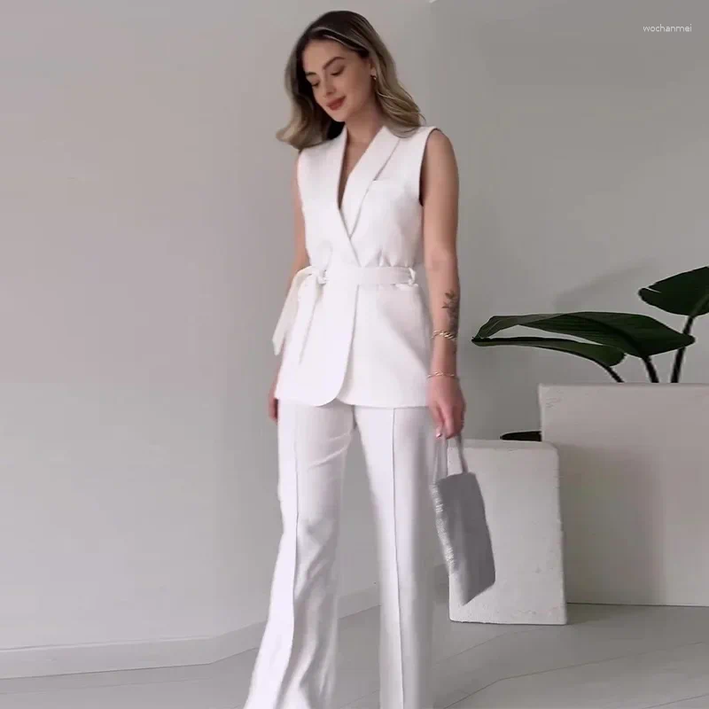 Women's Two Piece Pants 2pcs Women Clothes Set Sleeveless Sashes Top Shirt & Office Lady Solid Color Autumn Winter