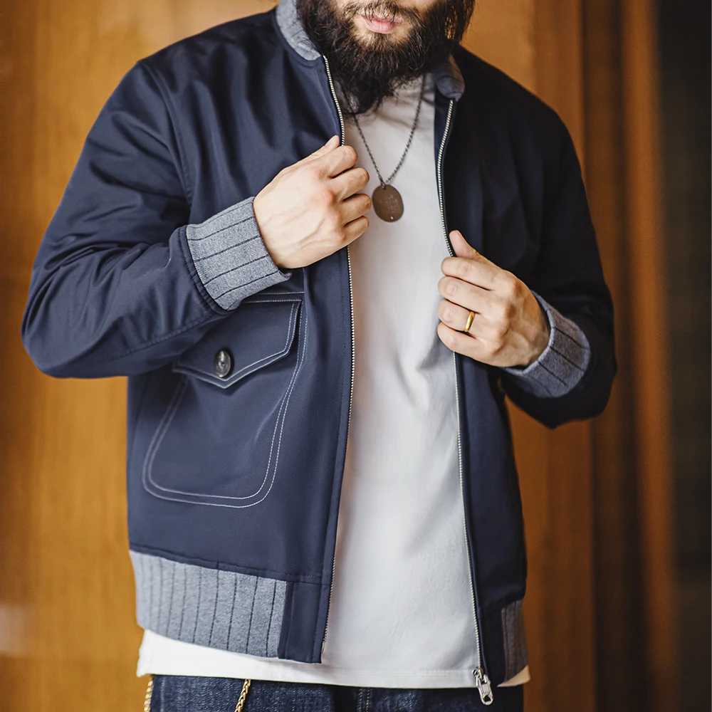 Maden Retro A1 Flight Short Blue Jacket with Contrast Color Splicing Baseball Uniform Coat for Mens Overcoat Spring and Autumn XJ250801