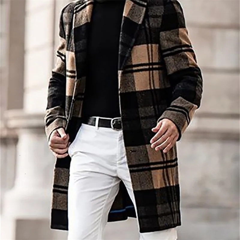 Europe and The United States Fashion Woolen Coat Mens Autumn Spell Color Plaid Casual Lapel in Mid-length Woolen Coat 250724CJ