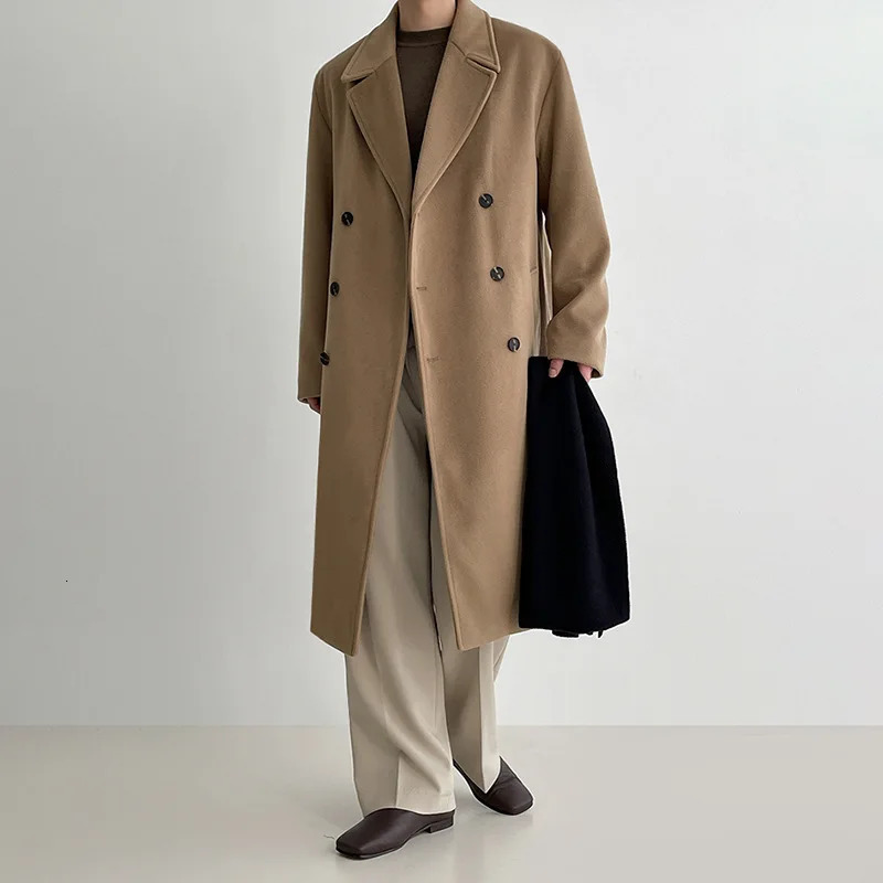 Woolen coat for men mid to long autumn and winter Korean version loose and thick windbreaker woolen coat 250725
