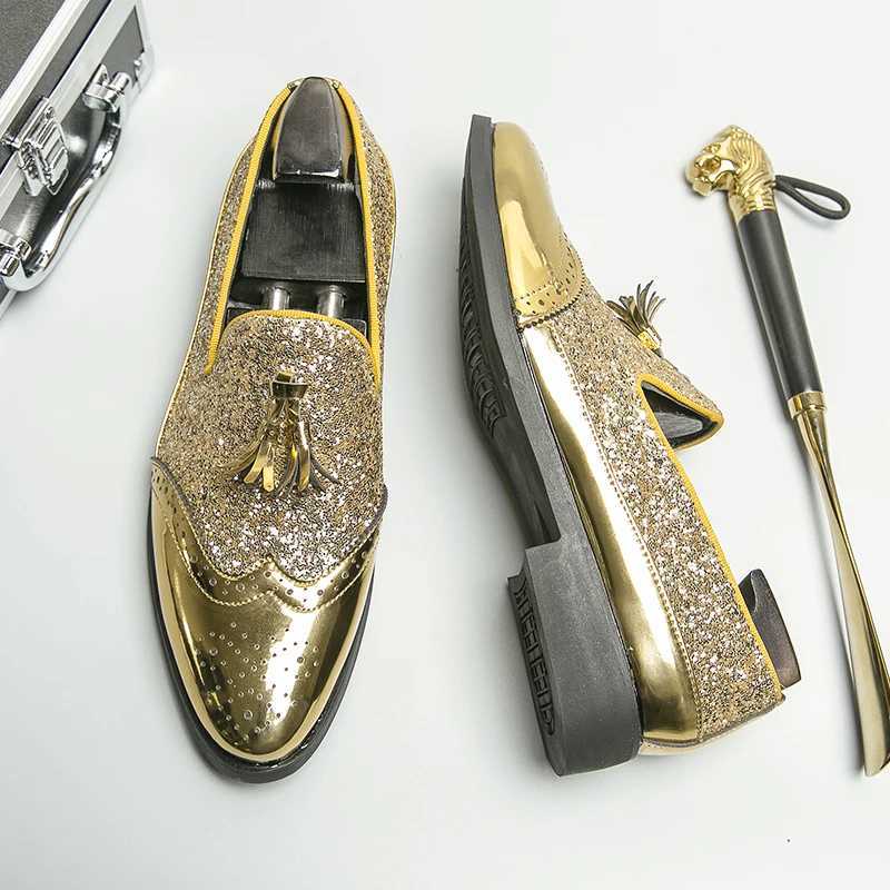 Business Dress Shoes Mens Oxfords Genuine Leather Pointy Toe Lace Up High Quality Office Wedding Formal Shoes For Men Gold XJ250801