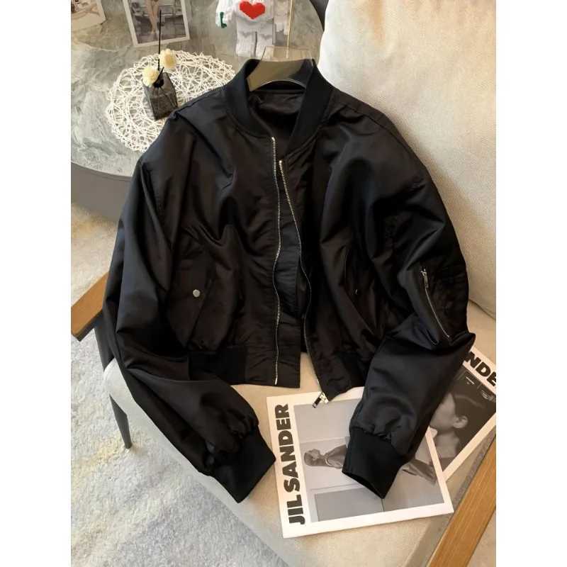 Black Jacket Womens Short Top Flight Suit Retro Casual 2025 Spring New White Bat Sleeves XJ250801