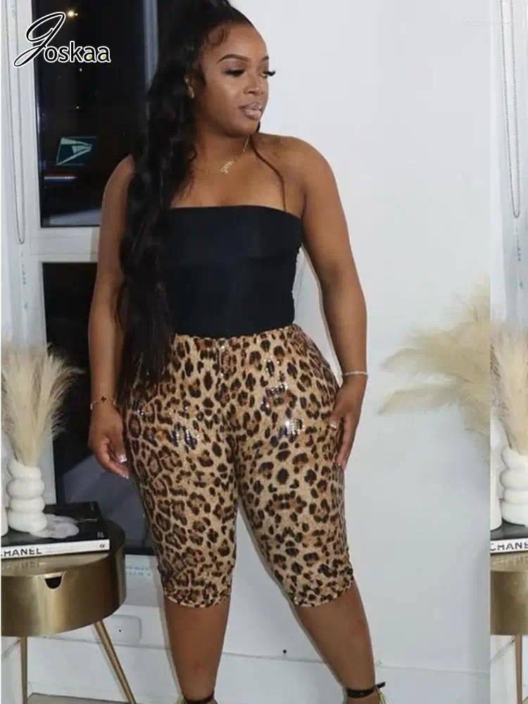 Women's Pants Joskaa Sequins Leopard Print Cropped Women Sexy Stretch Skinny Knee Length Trousers 2025 Party Club Bottoms Y2K Streetwear
