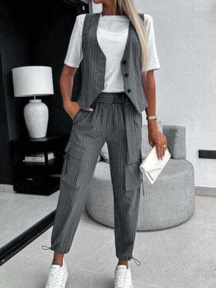 Women's Two Piece Pants V-neck Striped Vest Set Women Casual Street Button Sleeveless Pocket Long 2 Sets For Outfits