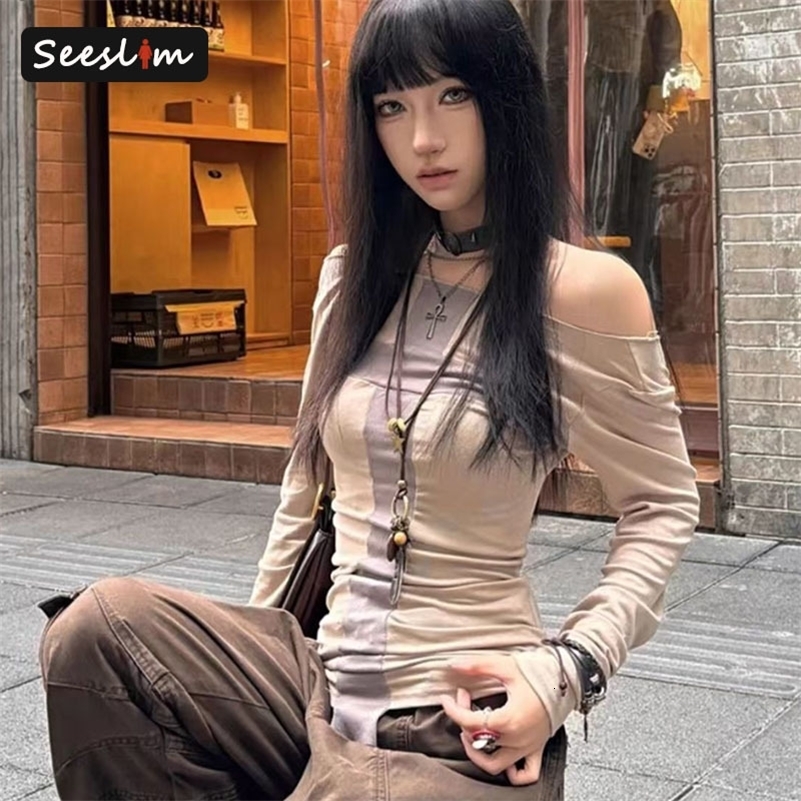 Seeslim Womens T-shirt 2000s Clothes Y2k Tees Female Long Sleeve Off Shoulder Korean Fashion Skinny Sweet Autumn Tops Slim 250725