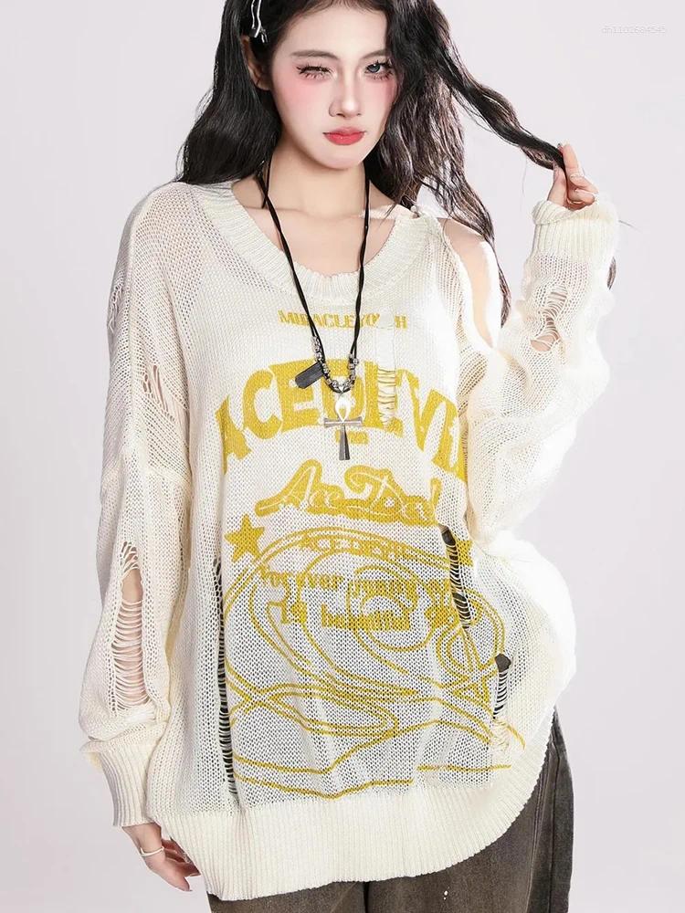 Women's Sweaters Y2K Hole Streetwear Women Loose Vintage Hollow Out Long Sleeve Knitted Jumper Gothic Letter Oversize Fall Pullovers