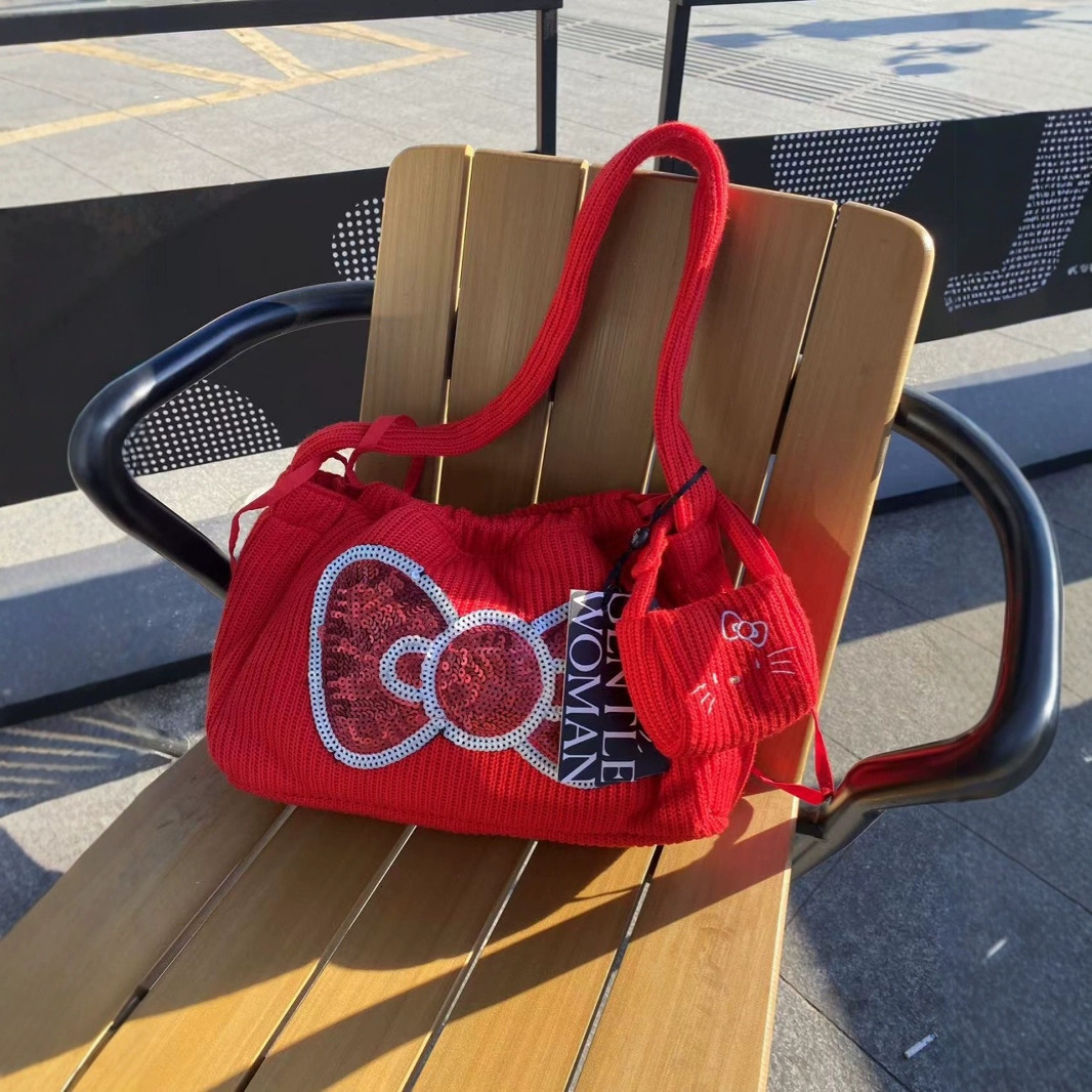 Free Shipping Women's Designer Luxury Red And White Casual Shopping Bag Fashionable Knitted New Handbag New Year Gift Dumpling Bag Single Shoul