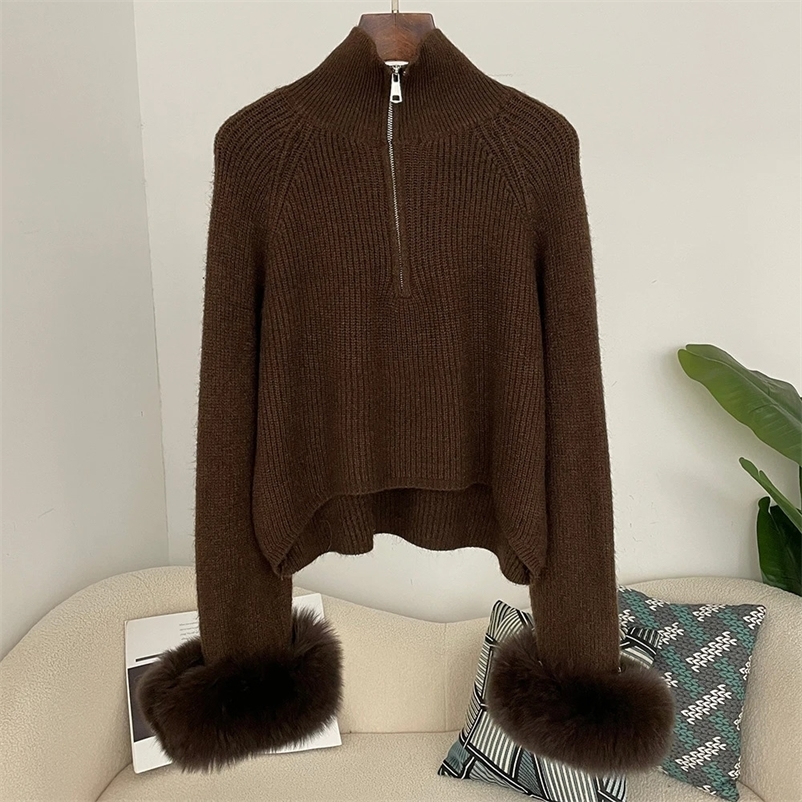Coat Women Knitwear Spring Pullover Sweater Women Autumn Patchwork Fur Coat Zipper Underlay Loose Premium Sweater Female 250724CJ