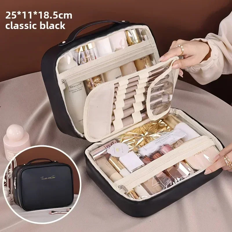 Women PU Leather Double Layer Travel Makeup Wash Clear Cosmetic Bag with Zipper Multi-Compartment Waterproof Toiletry Makeup Box 250731