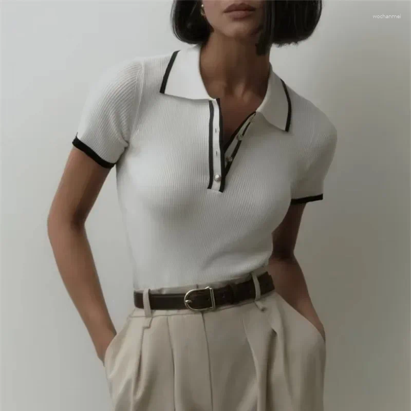 Women's Sweaters Tuularose Fashionable Knitted Pullover Slim Contrast Lapel Sweater Elegant Short Sleeve Patchwork Rib T-Shirt