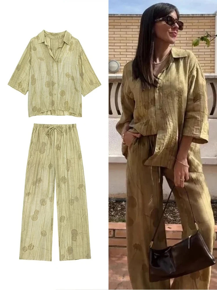 TRAF Womens Loose Casual Jacquard Shirt High Waisted Pants Set Fashion Lapel Half Sleeve Wide Leg Two Piece 250724