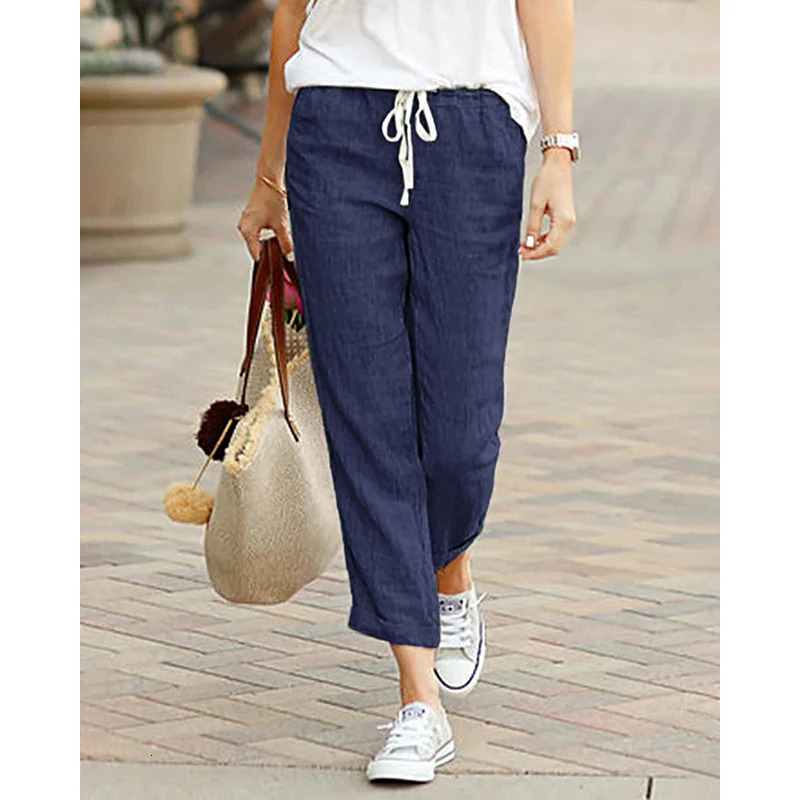 Casual Cotton Linen Pant Spring Summer Solid Color High Waist Elastic AnkleLength Pants Female Pockets Harem Trousers 250724