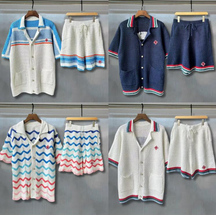 Summer Men's Vintage Tracksuits Embroidery Knitted Cardigan Short Sleeve Shorts Sets Sweater Pants Suits Wool Knitwear Pearl Button Set