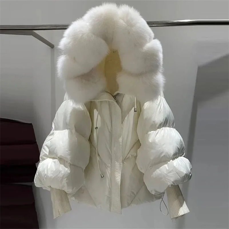 Puffer Hooded Jacket White Duck Down Coat Women Fur Jacket Thick Warm Knitted Sleeve Mid Long Parka Winter Large 250725CJ