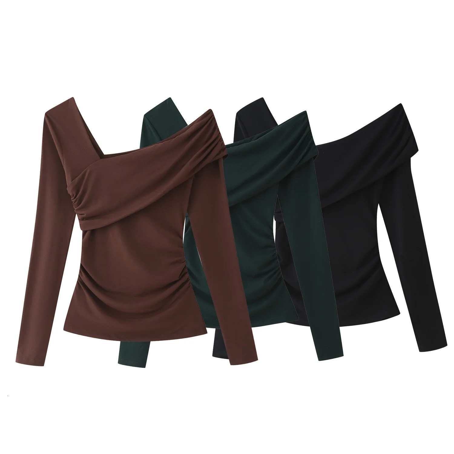 2025 Spring Womens T-Shirts Asymmetric Sloping Shoulder Basic Casual Fashion Long Sleeve High Collar T shirts Tops 250728