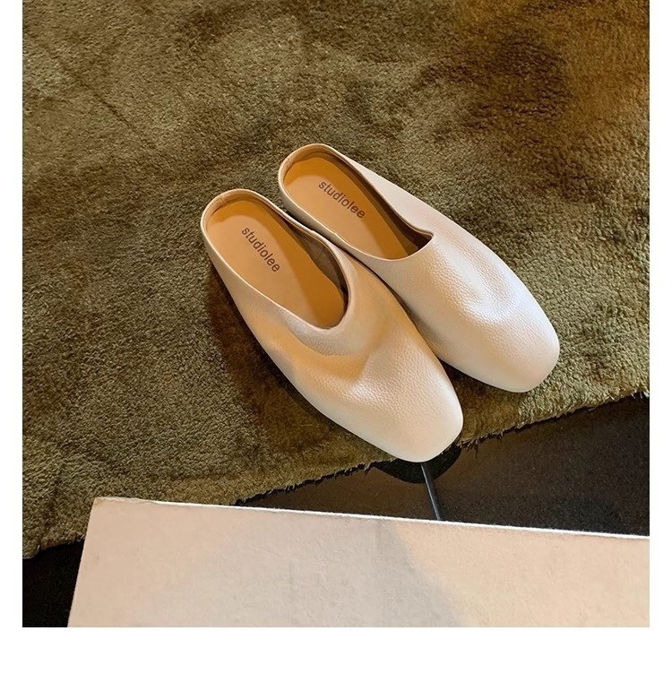 Women's Beach Sandals, Chinese-Style Soft Leather Slip-On Slippers with Bow Detail, High Hoof Heels, Genuine Leather Lining, Rubber Outsole, Beige S