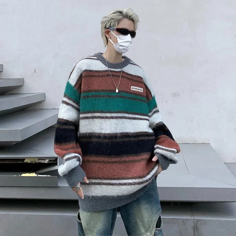 Mens Appliques Loose Knitted Pullovers Y2K Vintage Striped Sweaters Preppy Fashion Casual Patchwork Streetwear Jumpers 250731
