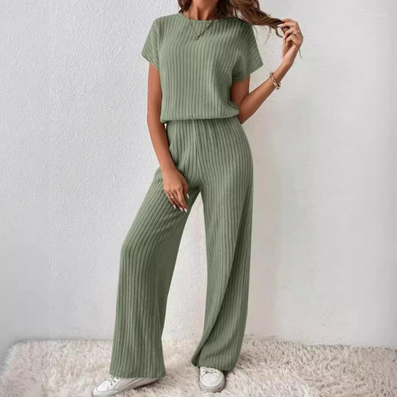 Women's Two Piece Pants Pant Sets Women Straight Tops Pullover Short Sleeve Round Neck Spliced Top Solid Casual Streetwear Summer