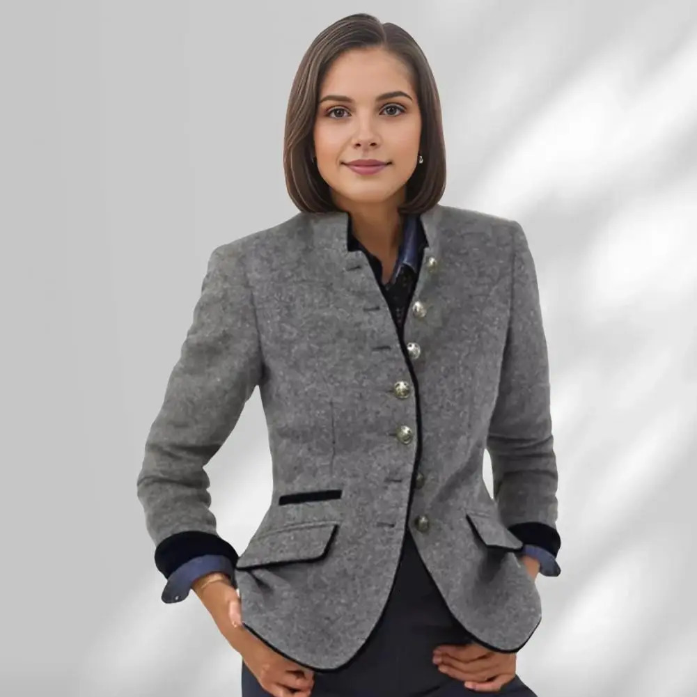 Jacket Fashion Womens Wool Coat Single Breasted Vintage VNeck Office Lady Overcoat Female Tops Spring Autumn 250731