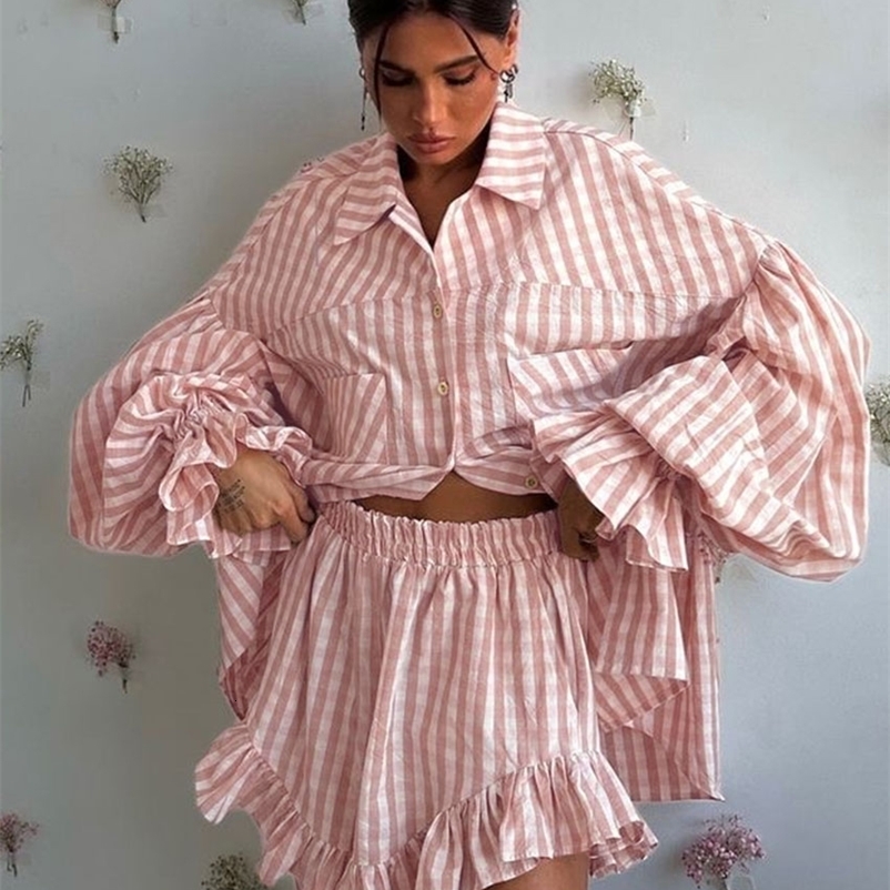 Elegant Loose Stripe 2 Piece Set Women Outfit Clacive Fashion Long Sleeve Shirt With High Waist Ruffle Shorts Set Female 250724CJ