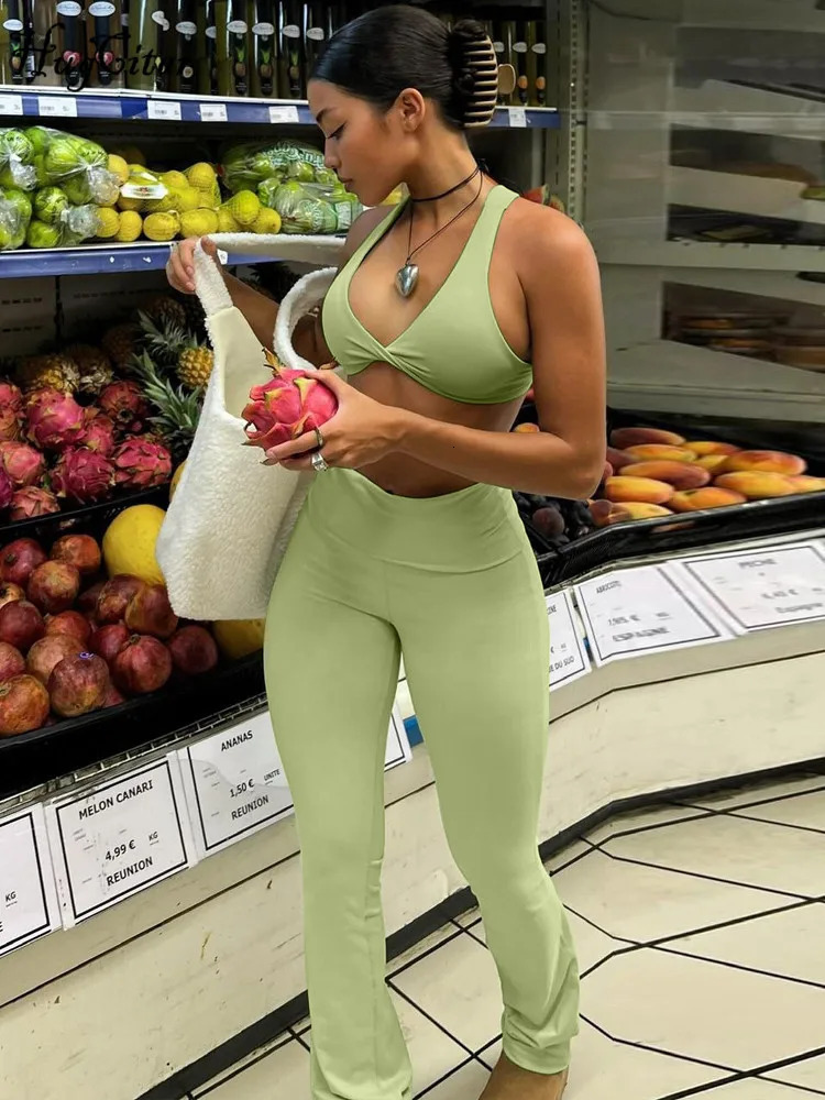 Hugcitar Summer Fashion 2 Pcs Sets Solid V Neck Backless Draped Sexy Crop Tank Top Flare Pant Outfit Beach Vacation Party 250724