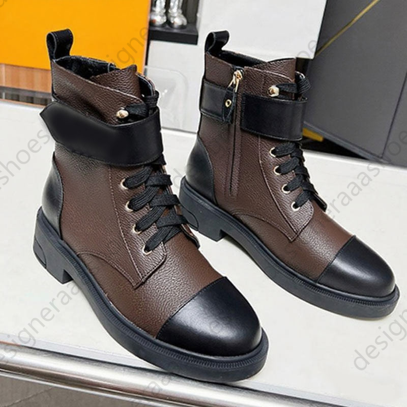 Women designer martin boots fashion flat ankle boots with zip luxury knight boot chelsea boots cowhide embossed brown letter autumn and winter half