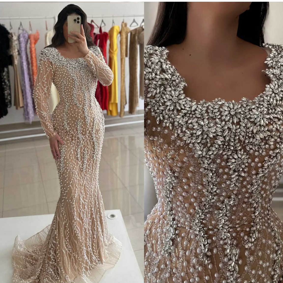 Luxury Wedding Dress Mermaid Gowns With Square Neck Full Beaded pearls Full Sleeve Floor-Length Formal Bridal Gowns Plus Size Customized Vestido de