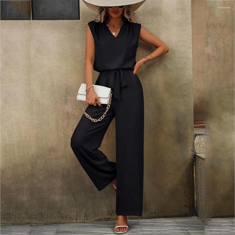 Women's Two Piece Pants Wefads 2025 Women 2 Set V Neck Top Sleeveless Tops High Waist Pockets Wide Leg Pant