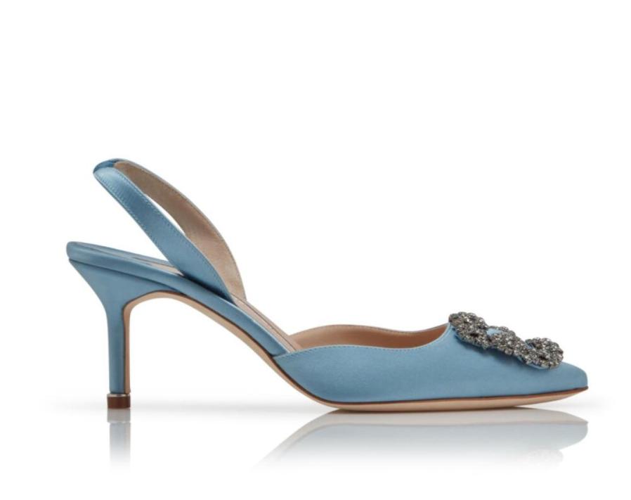 Femmes robe chaussures pompes marque talons hauts Hangisli bleu ciel satin cuir bijou boucle slingback sandale sling back sandales 70mm