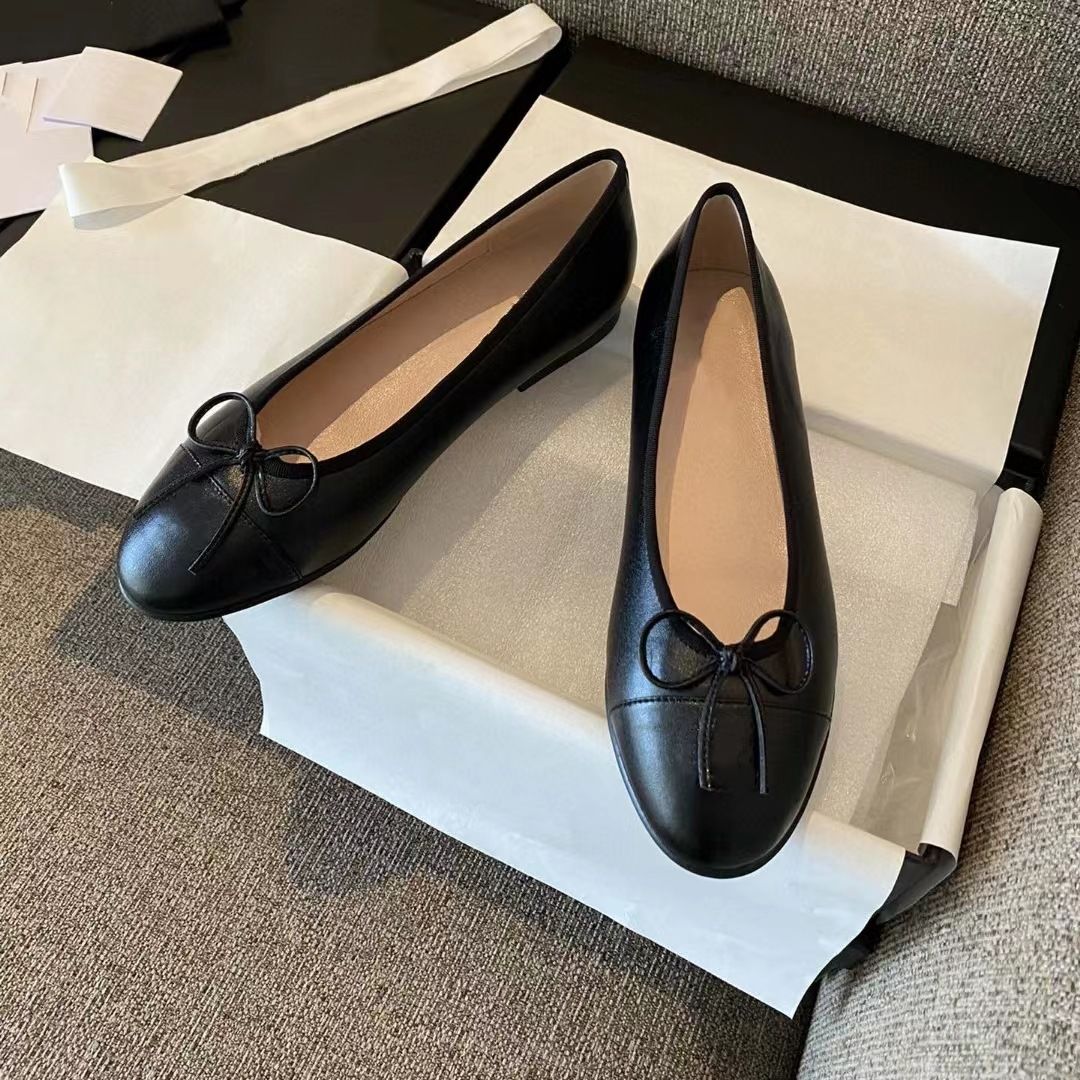 Luxury designer bowtie Ballet Flat shoes Women Dress Shoe Slip On casual shoes Round Toe Sexy Sip On Genuine Leather Calfskin Loafer Factory Footwea