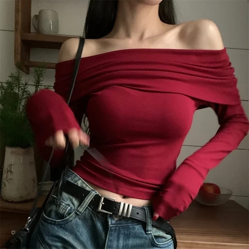 Women Sexy Tops Off Shoulder Long Sleeve Knitted T-shirt Solid Elegant Autumn Winter Spicy Girl Slim Fit Short Red Crop Top 250725