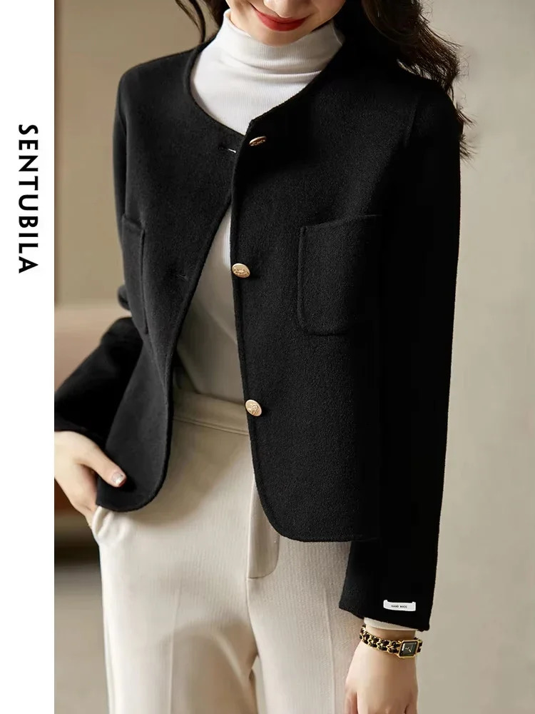 SENTUBILA 100% Wool Coat Woman Autumn Winter Elegant Single Breasted Round Neck Straightcut Short Jackets Outerwear 250731