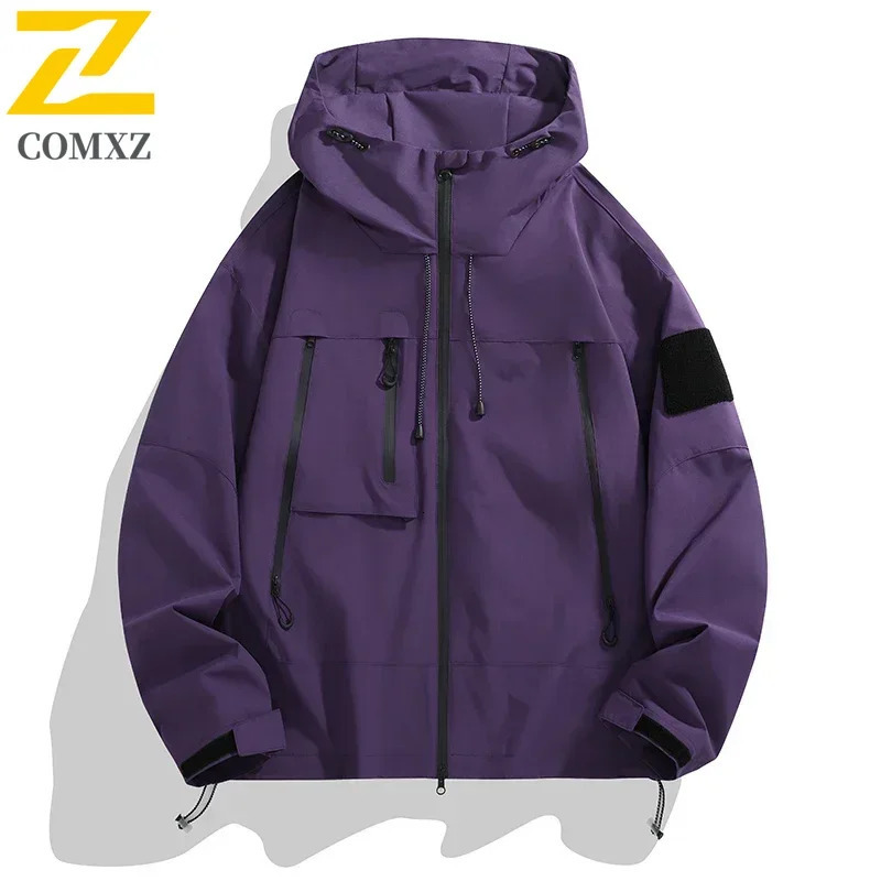 Mens WindJacket Spring Trendy Solid Color Windproof Waterproof Outdoor Camping Hooded Jacket Men Functional Rush Coat 250731