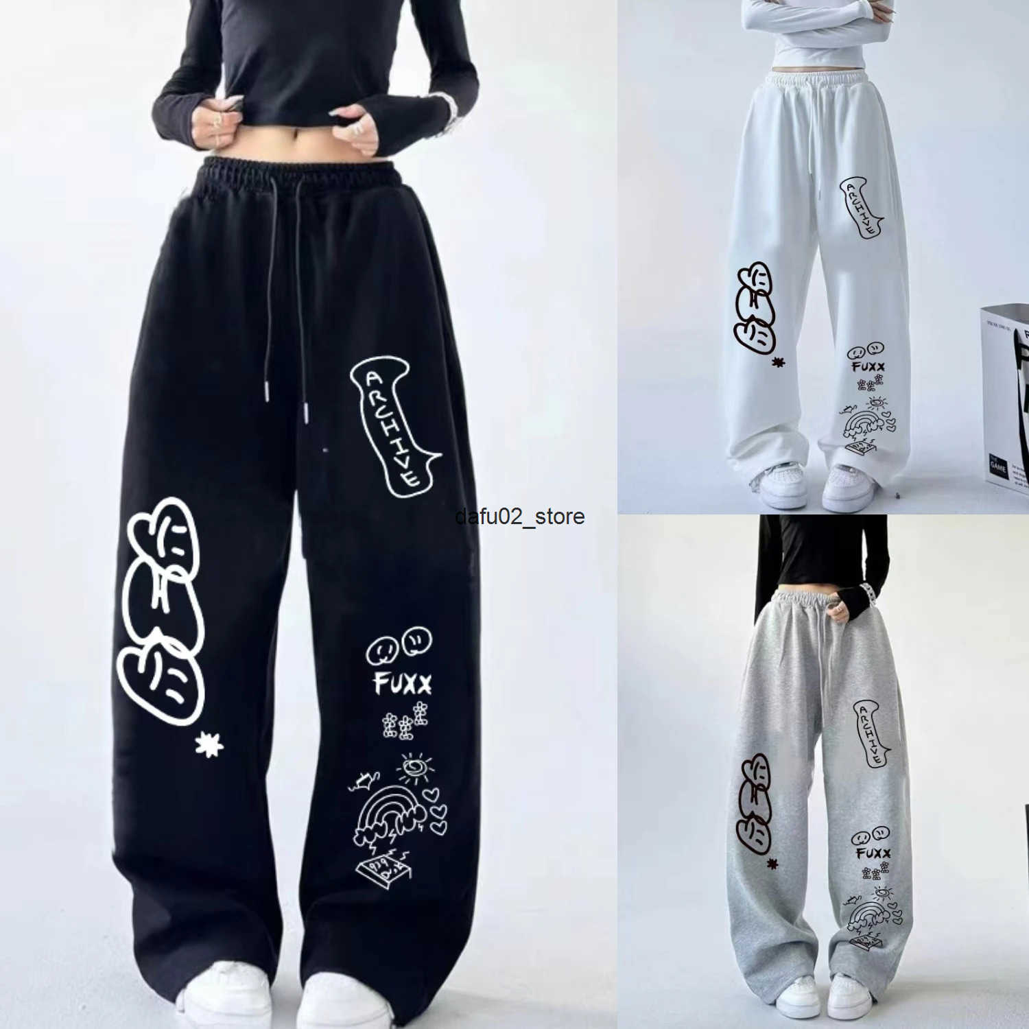 Korean Kawaii Sweet Cute Letter Print Women Pants High Waist Vintage New Drawstring Design Long Trousers Casual All-match Pants Q250801