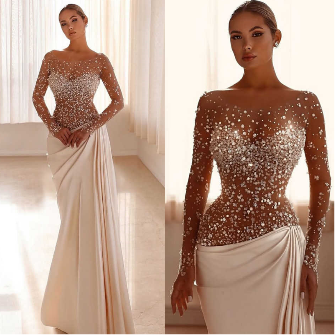 Sparkling Wedding Dress Mermaid Gowns Boat-Neck Full Sleeve Sequins Satin Floor-Length Formal Bridal Gowns Plus Size Customized Vestido de novia