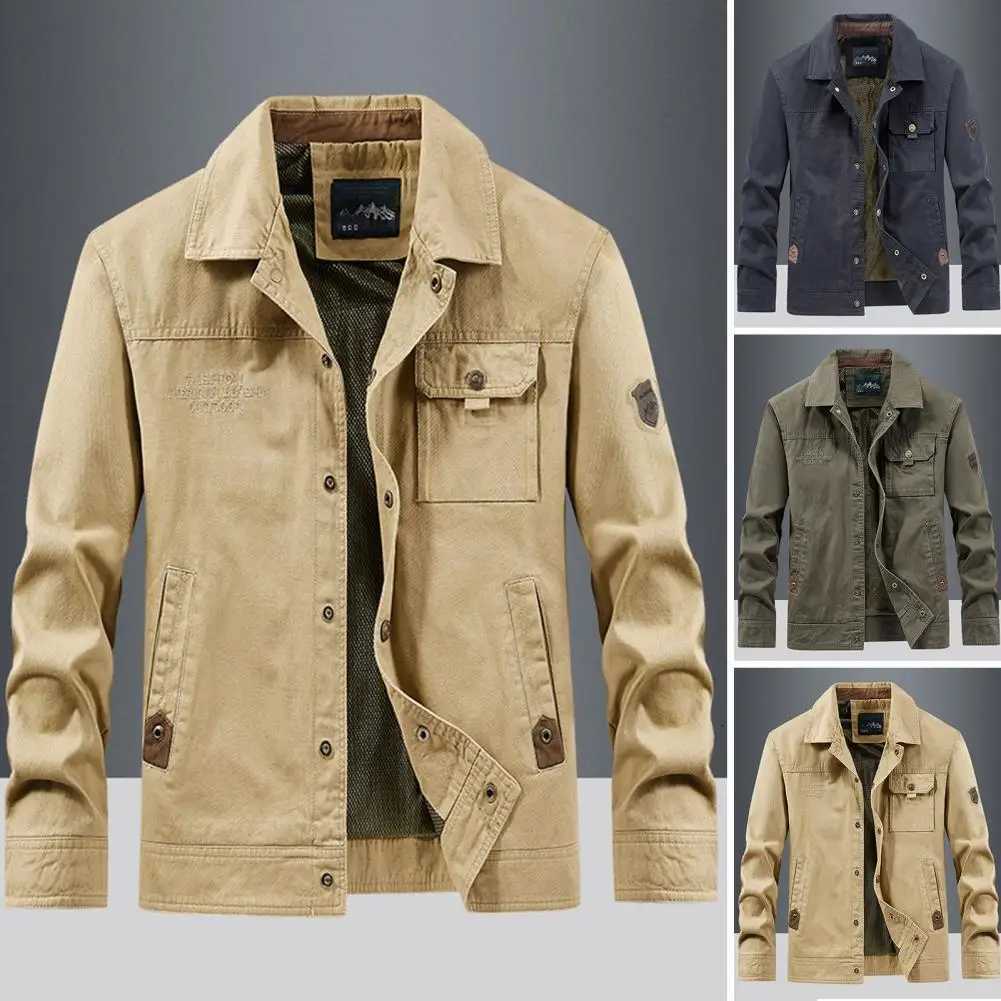 Mens Jacket Lapel Long Sleeve Multi Pockets Design Jacket Coat Solid Color Single Breasted Mens Outerwear for Daily Wear XJ250801