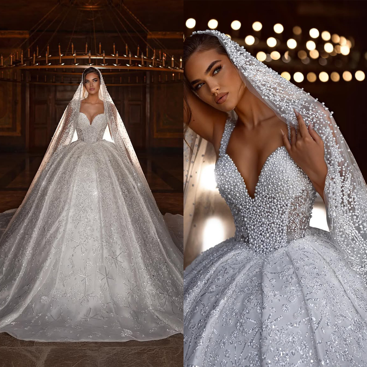 Luxurious Pearls Wedding Dresses Spaghetti Straps Bridal Ball Gowns Sequins Beading Sleeveless Veil Customized Vestidos De Novia Plus Size