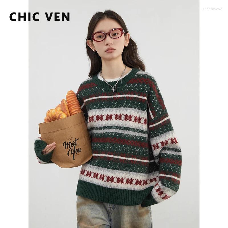 Women's Sweaters CHIC VEN Women O Neck Loose Casual Contrasting Jacquard Knitted Jumpers Female Pullovers Autumn Winter 2025