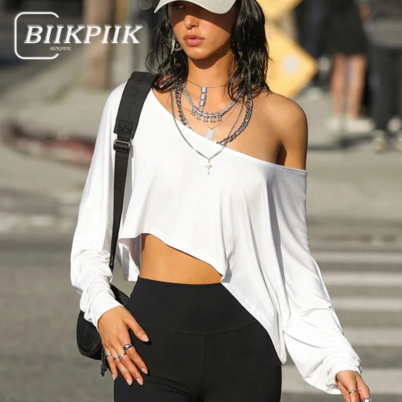BIIKPIIK Casual Off Shoulder Solid Knitted Tops Concise Skew Collar Long Sleeve Autumn Tees For Women Sporty Irregular T-shirts 250725