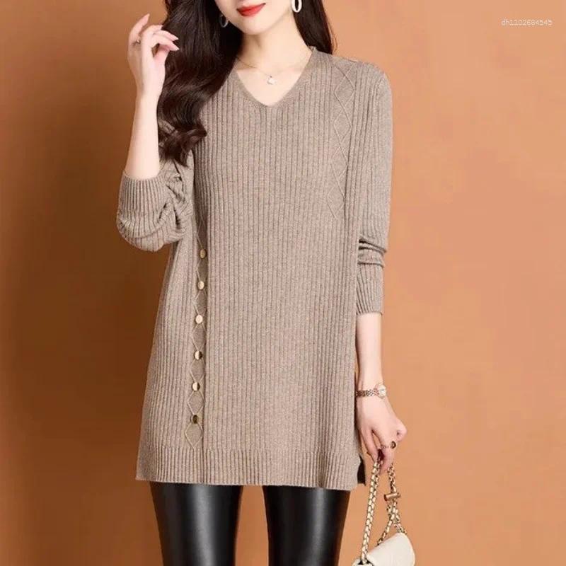 Women's Sweaters Autumn And Winter V-neck Solid Color Large Knitted Bottom Shirt Loose Medium To Long Style