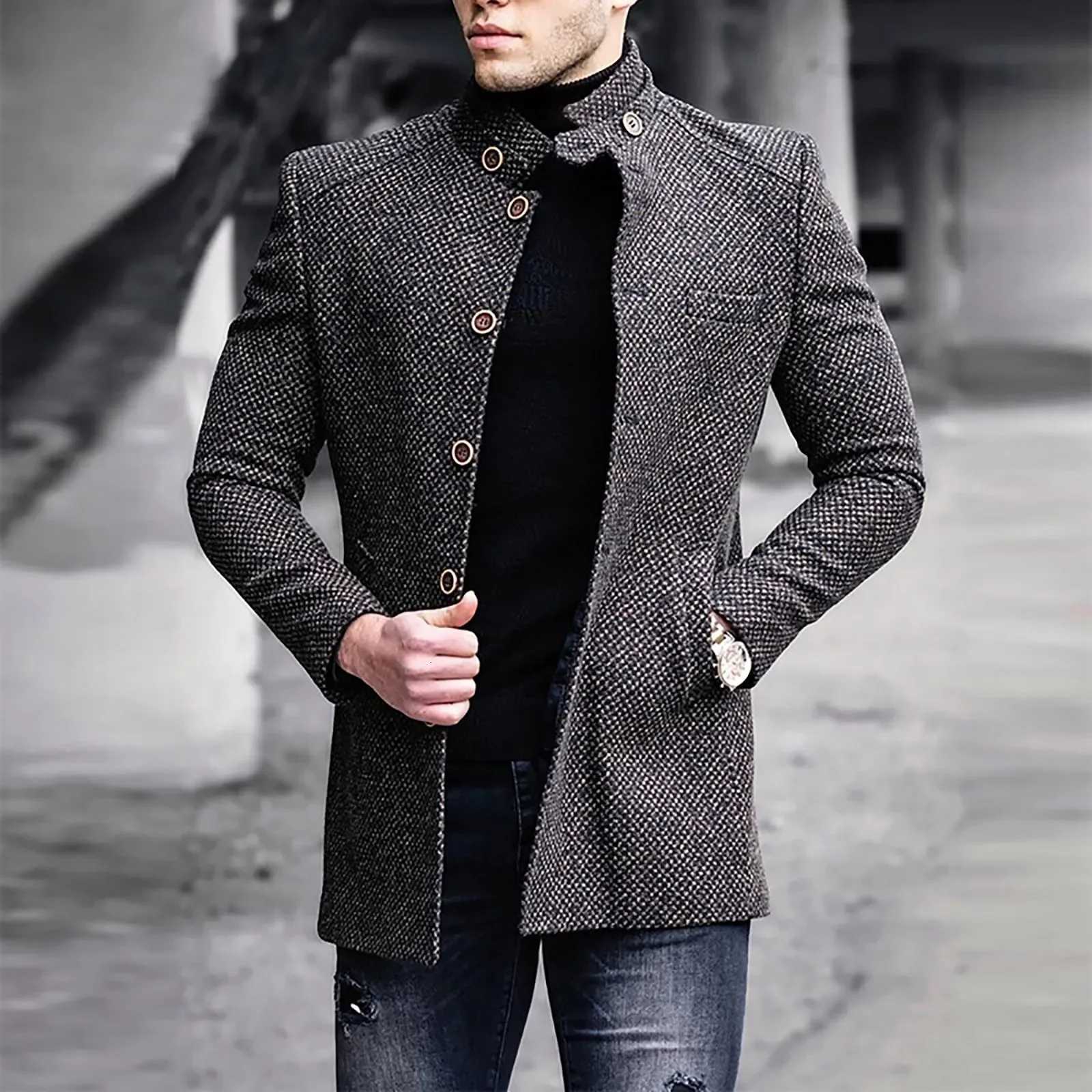 Autumn Winter Retro Print Woolen Coat Men Casual Single Breasted Lapel Long Sleeve Coat Men Fashion Loose Pocket Mid Long Jacket XJ250801